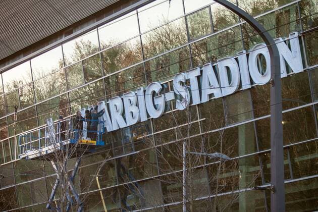 The new lettering Rudolf Harbig Stadium will be attached to the Dynamo Stadium 05 12 2018 Dresden Football GER 2 Bundesliga 2 BL Season 2018 2019 Rudolf Harbig Stadium SG Dynamo Dresden