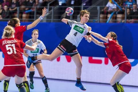 Handball Women European Championship Germany Czech Republic Preliminary Round Group D 3 Matchday in the Brest Arena v li Marketa Jerabkova Czech Republic Iveta Luzumova Czech Republic Thuringia HC Alina Grijseels Germany Dortmund Helena Rysankova Czech Republic Brest Arena Brest France