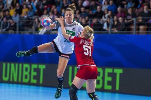 Handball Women European Championship Germany Czech Republic Preliminary Round Group D 3 Matchday in the Brest Arena v read Emily Boelk Bölk Germany Thueringer HC and Marketa Jerabkova Czech Republic Brest Arena Brest France