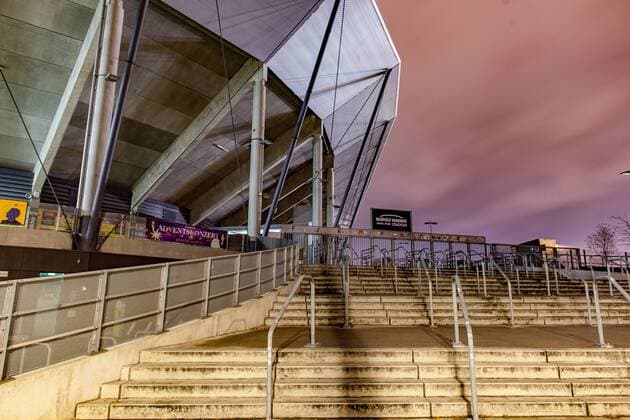 Long exposure at night at the staircase to the K Block 06 12 2018 Dresden Football GER 2 Bundesliga 2 BL Season 2018 2019 Rudolf Harbig Stadium SG Dynamo Dresden