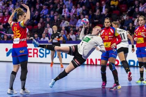 Handball Women European Championship Spain Germany Main Round Group 2 1 Matchday at the Palais des Sports v li Nerea Pena Abaurrea Spain Meike Schmelzer Germany Thueringer HC Almudena Rodriguez Spain Nancy Palais des Sports Jean Weille France