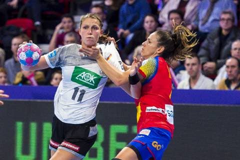 Handball Women European Championship Spain Germany Main Round Group 2 1 Matchday at Palais des Sports v left in duel Xenia Smits Germany Metz and Carmen Dolores Martin Berenguer Spain Nancy Palais des Sports Jean Weille France