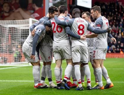 Mohamed Salah (left) of Liverpool celebrates his 2nd goal with teammates during the Premier League match between Bournemouth and Liverpool at the Vitality Stadium, Bournemouth, England on 8 December 2018. Copyright: xLiamxMcAvoyx 22290050