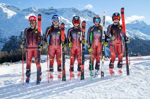 ALPINE SKIING - FIS WC Sankt Moritz SANKT MORITZ,SWITZERLAND,08.DEC.18 - ALPINE SKIING - FIS World Cup, Super G, ladies. Image shows Marie Michele Gagnon, Laurence St.Germain, Erin Mielzynski, Roni Remme and Valerie Grenier (CAN). GEPAxpictures xHaraldxSteiner