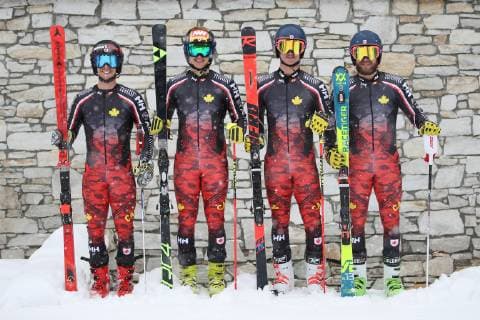 ALPINE SKIING - FIS WC Val d Isere VAL D ISERE,FRANCE,08.DEC.18 - ALPINE SKIING - FIS World Cup, giant slalom, men. Image shows Erik Read, Trevor Philp, Morgan Megarry and Phil Brown (CAN). GEPAxpictures xMathiasxMandl
