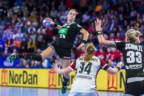 Handball Women European Championship Hungary Germany Main Round Group 2 2 Matchday at Palais des Sports v li Emily Boelk Bölk Germany Thuringia HC Rea Meszaros Hungary Luisa Schulze Germany Bietigheim Nancy Palais des Sports Jean Weille France