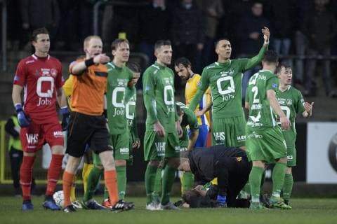 Lommel s Timo Cauwenberg lies injured on the ground during a soccer game between Lommel SK and Royals Union Saint-Gilloise, Sunday 09 December 2018 in Lommel, on the 18th day of the Proximus League 1B division of the Belgian soccer championship. YORICKxJANSENS  x05485972x