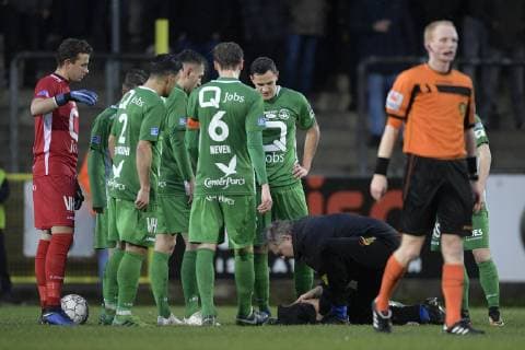 Lommel s Timo Cauwenberg lies injured on the ground during a soccer game between Lommel SK and Royals Union Saint-Gilloise, Sunday 09 December 2018 in Lommel, on the 18th day of the Proximus League 1B division of the Belgian soccer championship. YORICKxJANSENS  x05485973x
