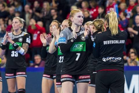 Handball Women European Championship Hungary Germany Main Round Group 2 2 Matchday at the Palais des Sports Meike Schmelzer Germany Thueringer HC dissatisfied disappointed disappointed dejected frustrated Nancy Palais des Sports Jean Weille France