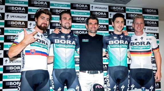 Sport Themen der Woche KW50 Sport Bilder des Tages Riders of Bora-Hansgrohe cycling team Peter Sagan (L), Pascal Ackermann (2-L), Michael Schwarzmann (2-R), Emanuel Buchmann (R) and team Sports Director Ralph Denk (C) posa after a press conference PK Pressekonferenz on occasion of the presentation of the Bora-Hansgrohe cycling team for the preseason of the UCI WorldTeam category, in Palma de Mallorca, Balearic Islands, Spain, 10 December 2018. Preseason of the UCI WorldTeam category !ACHTUNG: NUR REDAKTIONELLE NUTZUNG!  Copyright: xCATIxCLADERAx GRAF4655 20181210-636800574367977163