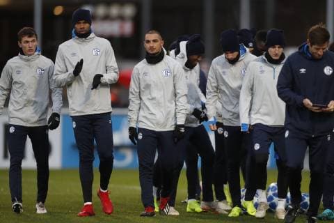 10 12 2018 Football Season 2018 2019 Champions League 6 Matchday Press Conference Final Training FC Schalke 04 v l Benjamin Goller FC Schalke 04 Naldo FC Schalke 04 Ahmed Kutucu FC Schalke 04 Gelsenkirchen Veltins Arena Germany