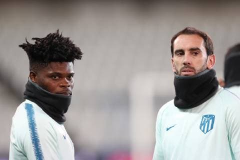 Atletico s Thomas Teye Partey and Atletico s captain Diego Roberto Godin pictured during a training session of Spanish club Athletico Madrid, Monday 10 December 2018 in Brugge. Tomorrow Athletico will meet Belgian soccer team Club Brugge KV on the sixth and last day of the UEFA Champions League, in group A. BRUNOxFAHY  x05487354x