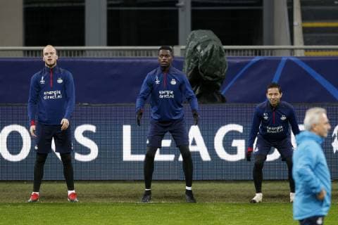 (L-R), Jorrit Hendrix of PSV, Nicolas Isimat Mirin of PSV, Mauro Junior of PSV during a training session prior to the UEFA Champions League group B match between Internazionale Milan and PSV Eindhoven at Stadio Giuseppe Meazza on December 10, 2018 in Milan, Italy UEFA Champions League 2018 2019 xVIxVIxImagesx xJeroenxPutmansxIVx 13039663