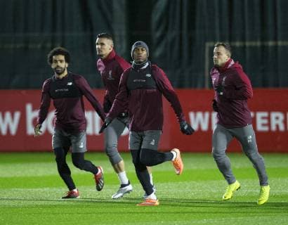 10th December 2018, Melwood, Liverpool, England, UEFA Champions League football, Liverpool versus Napoli,Liverpool training at Melwood ; Mohamed Salah,Dejan Lovren, Daniel Sturridge and Xherdan Shaqiri of Liverpool warm up before the training session  ActionPlus12086619 DavidxBlunsden