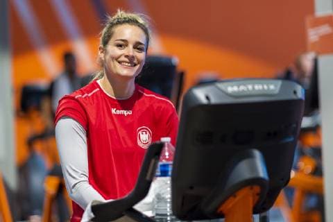 Nancy France 10 December 2018 EHF EM 2018 Media Day Training Goalkeeper Dinah Eckerle Germany SG BBM Bietigheim on a bike Strength Training Nancy France
