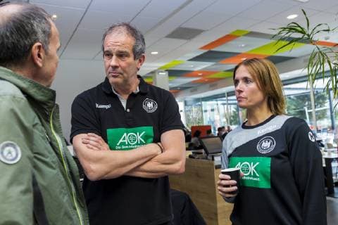 Nancy France 10 December 2018 EHF EM 2018 Media Day Training Trainer Henk Groener Germany Co-Trainer Debbie Klijn Germany talking Nancy France