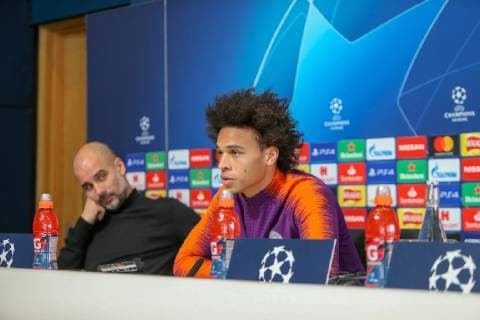 Manchester City press conference PK Pressekonferenz Pep Guardiola (l) and Leroy Sane during the Manchester City press conference at City Football Academy, Manchester Content Not Available For UK Newspapers Copyright: xStevexMcCormickx FIL-12677-0028