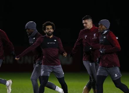 10th December 2018, Melwood, Liverpool, England, UEFA Champions League football, Liverpool versus Napoli press conference PK Pressekonferenz Divock Origi, Mohamed Salah, Dejan Lovren and Daniel Sturridge of Liverpool warm up at the club s Melwood training ground ahead of tomorrow s Champions League match against Napoli  ActionPlus12086755 AlanxMartin