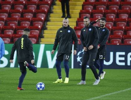10th December 2018, Anfield, Liverpool, England, UEFA Champions League football, Liverpool versus Napoli press conference PK Pressekonferenz Napoli players train on the pitch at Anfield tonight ahead of tomorrow s Champions League match against Liverpool  ActionPlus12086763 AlanxMartin