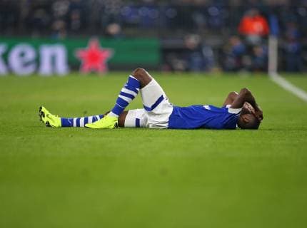 11 12 2018 Football UEFA Champions League 2018 2019 Group stage 6 Matchday FC Schalke 04 Locomotive Moscow in the VELTINS Arena Gelsenkirchen Hamza Mendyl Schalke is injured on the ground DFL and DFB regulations prohibit any use of photographs as image sequences and or quasi video