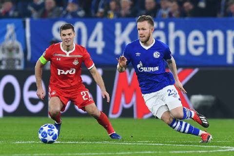Football Champions League Group Phase 6 Matchday FC Schalke 04 Locomotive Moscow on 11 12 2018 in the Veltins Arena in Gelsenkirchen Igor Denisov Moscow left Cedric Teuchert Schalke right DFL Regulations prohibit any use of photographs as image sequences and or quasi video xRx