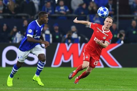 Football Champions League Group Phase 6 Matchday FC Schalke 04 Locomotive Moscow on 11 12 2018 in the Veltins Arena in Gelsenkirchen Hamza Mendyl Schalke left Vladislav Ignatyev Moscow right DFL Regulations prohibit any use of photographs as image sequences and or quasi video xRx