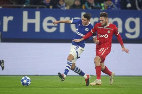 11 12 2018 Football Season 2018 2019 Champions League 6 Matchday FC Schalke 04 Locomotive Moscow v l Alessandro Schöpf FC Schalke 04 Maciej Rybus Locomotive Moscow Gelsenkirchen Veltins Arena Germany