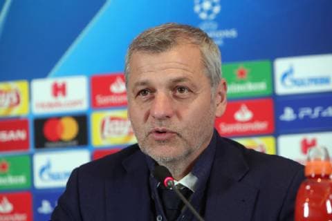 Head coach of Olympique Lyonnais (Lyon) Bruno Genesio attends a pre-match news conference ahead of the UEFA Champions League Group F Matchday 6 game against FC Shakhtar Donetsk, Kyiv, capital of Ukraine, December 11, 2018. The fixture is due to take place at the NSC Olimpiyskiy in the Ukrainian capital at 22:00 local time on December 12. Ukrinform. Lyon?s news conference before UCL encounter with Shakhtar  Copyright: xPavloxBagmutx