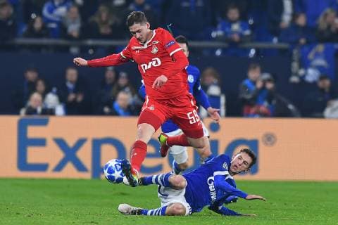 Football Champions League Group Phase 6 Matchday FC Schalke 04 Locomotive Moscow on 11 12 2018 in the Veltins Arena in Gelsenkirchen Aleksei Miranchuk Moscow front Benjamin Goller Schalke rear DFL Regulations prohibit any use of photographs as image sequences and or quasi video xRx
