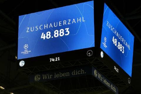 The video cube shows the number of spectators at the Champions League game season 2018 19 FC Schalke 04 Locomotive Moscow Copyright Thomas Pakusch Copyright: Thomas Pakusch