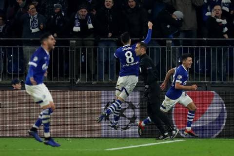 Alessandro Andre Schöpf FC Schalke 04 is happy about his goal to 1 0 at the Champions League game season 2018 19 FC Schalke 04 Locomotive Moscow Copyright Thomas Pakusch Copyright: Thomas Pakusch