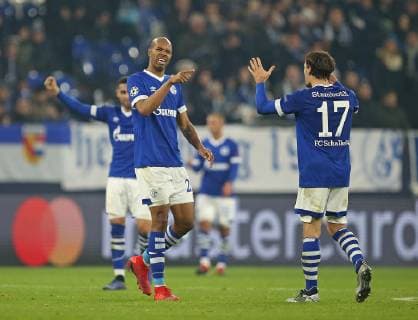 11 12 2018 Football UEFA Champions League 2018 2019 Group stage 6 Matchday FC Schalke 04 Locomotive Moscow in the VELTINS Arena Gelsenkirchen Final cheers L R Salif Sane Schalke and Benjamin Stambouli Schalke DFL and DFB regulations prohibit any use of photographs as image sequences and or quasi video