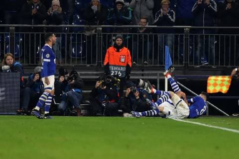 Alessandro Andre Schöpf FC Schalke 04 is happy about his goal to 1 0 at the Champions League game season 2018 19 FC Schalke 04 Locomotive Moscow Copyright Thomas Pakusch Copyright: Thomas Pakusch