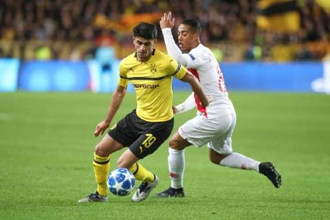 Monaco 11 12 2018 UEFA Champions League 2018 19 Season Group stage Group A 6 Matchday AS Monaco Borussia Dortmund Mahmoud Dahou Dortmund and Youri Tielemans Monaco in the duel battle for the ball DeFodi535