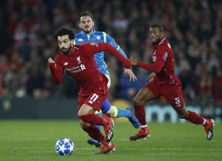 Mohamed Salah of Liverpool surges forward during the UEFA Champions League Group C match at Anfield Stadium, Liverpool. Picture date 11th December 2018. Picture credit should read: Andrew Yates Sportimage EDITORIAL USE ONLY. No use with unauthorised audio, video, data, fixture lists, club league logos or live services. Online in-match use limited to 120 images, no video emulation. No use in betting, games or single club league player publications. _AY20288.JPG