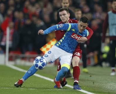 Andrew Robertson of Liverpool tackles Jose Callejon of Napoli during the UEFA Champions League Group C match at Anfield Stadium, Liverpool. Picture date 11th December 2018. Picture credit should read: Andrew Yates Sportimage EDITORIAL USE ONLY. No use with unauthorised audio, video, data, fixture lists, club league logos or live services. Online in-match use limited to 120 images, no video emulation. No use in betting, games or single club league player publications. _AY20309.JPG
