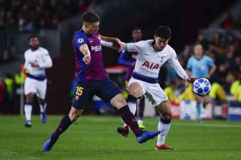 11th December 2018, Camp Nou, Barcelona, Spain; UEFA Champions League football, Barcelona versus Tottenham Hotspur; Clement Lenglet of FC Barcelona Barca fights for the ball against Son Heung-min of Tottenham  ActionPlus12086810 EricxAlonso