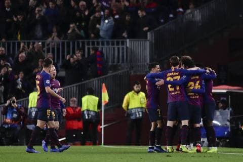 11th December 2018, Camp Nou, Barcelona, Spain; UEFA Champions League football, Barcelona versus Tottenham Hotspur; Ousmane Demb& xe9;l& xe9; of FC Barcelona Barca celebrates scoring the opening goal for 1-0 in the 15th minute  ActionPlus12086814 EricxAlonso