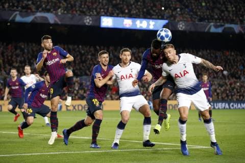 (l-r) FC Barcelona Barca goalkeeper Jordi Masip, Munir El Haddadi of FC Barcelona, Clement Lenglet of FC Barcelona, Jan Vertonghen of Tottenham Hotspur FC, Nelson Semedo of FC Barcelona, Toby Alderweireld of Tottenham Hotspur FC during the UEFA Champions League group B match between FC Barcelona and Tottenham Hotspur FC at the Camp Nou stadium on December 11, 2018 in Barcelona, Spain UEFA Champions League 2018 2019 xVIxVIxImagesx xMauricexvanxSteenxIVx 13046490