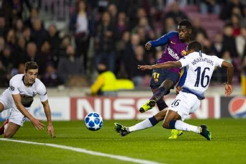 11 12 2018 xslx Football Champions League FC Barcelona Tottenham Hotspur emspor v l Dembele FC Barcelona scores the goal to 1 0 DFL DFL REGULATIONS PROHIBIT ANY USE OF PHOTOGRAPHS as IMAGE SEQUENCES and or QUASI VIDEO Barcelona