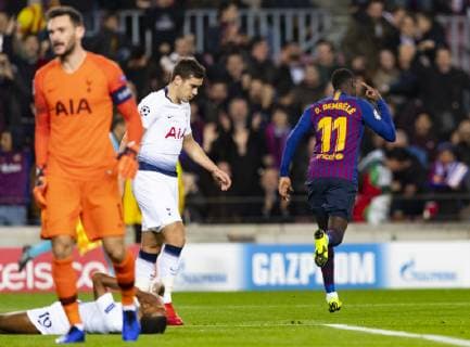 11 12 2018 xslx Football Champions League FC Barcelona Tottenham Hotspur emspor v l Dembele FC Barcelona Cheers after the goal to 1 0 DFL DFL REGULATIONS PROHIBIT ANY USE OF PHOTOGRAPHS as IMAGE SEQUENCES and or QUASI VIDEO Barcelona