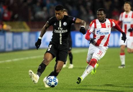 11.12.2018 Belgrade(Serbia) FK Crvena Zvezda(FC Red Star)-FC Paris Saint Germain PSG UEFA Champions League men s football Presnel Kimpembe(L) FC Paris Saint Germain PSG, El Fardou Ben(r) FK Crvena Zvezda(FC Red Star) : 