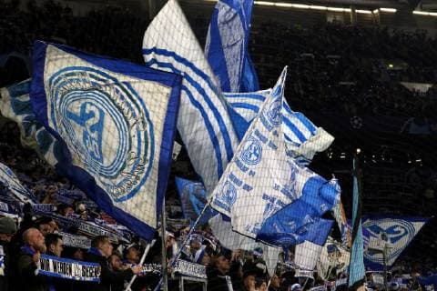 Fans of FC Schalke 04 with fan flags at the Champions League game season 2018 19 FC Schalke 04 Locomotive Moscow Copyright Thomas Pakusch Copyright: Thomas Pakusch