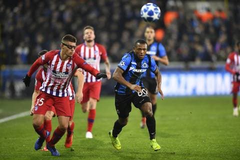 Lois Openda forward of Club Brugge, Atletico?s Francisco Montero pictured FOOTBALL : Club Bruges vs Atletico Madrid - Ligue des Champions - 11 12 2018 PhotoNews Panoramic 