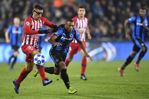 Lois Openda forward of Club Brugge, Atletico?s Francisco Montero pictured FOOTBALL : Club Bruges vs Atletico Madrid - Ligue des Champions - 11 12 2018 PhotoNews Panoramic 