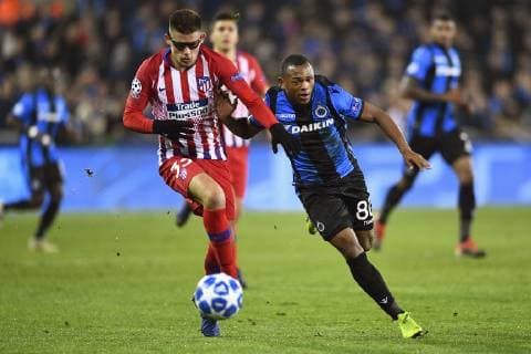 Lois Openda forward of Club Brugge, Atletico?s Francisco Montero pictured FOOTBALL : Club Bruges vs Atletico Madrid - Ligue des Champions - 11 12 2018 PhotoNews Panoramic 