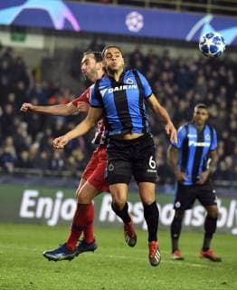 Sofyan Amrabat midfielder of Club Brugge and Atletico s captain Diego Roberto Godin FOOTBALL : Club Bruges vs Atletico Madrid - Ligue des Champions - 11 12 2018 PhotoNews Panoramic 