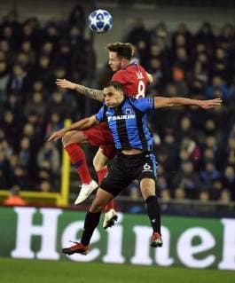 Atletico s Saul Niguez Esclapez and Sofyan Amrabat midfielder of Club Brugge FOOTBALL : Club Bruges vs Atletico Madrid - Ligue des Champions - 11 12 2018 PhotoNews Panoramic 