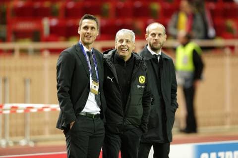 Head of Licensing Sebastian Kehl Dortmund and head coach Lucien Favre Dortmund look amuesiert on the stadium board at the game AS Monaco vs. Borussia Dortmund Football Champions League 11 12 2018 AS Monaco vs. Borussia Dortmund Football Champions League 11 12 2018 Monaco Copyright: xEIBNER MarioxHommesx EP_MHS