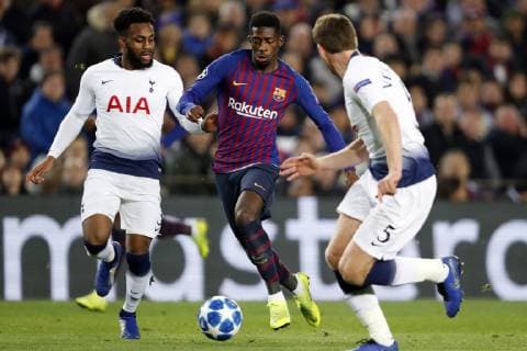 (l-r) Danny Rose of Tottenham Hotspur FC, Ousmane Dembele of FC Barcelona Barca Jan Vertonghen of Tottenham Hotspur FC during the UEFA Champions League group B match between FC Barcelona and Tottenham Hotspur FC at the Camp Nou stadium on December 11, 2018 in Barcelona, Spain UEFA Champions League 2018 2019 xVIxVIxImagesx xMauricexvanxSteenxIVx 13047233